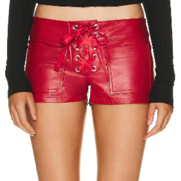 EB Denim Red Leather Micro Lace Up Shorts NWT - Picture 3 of 5